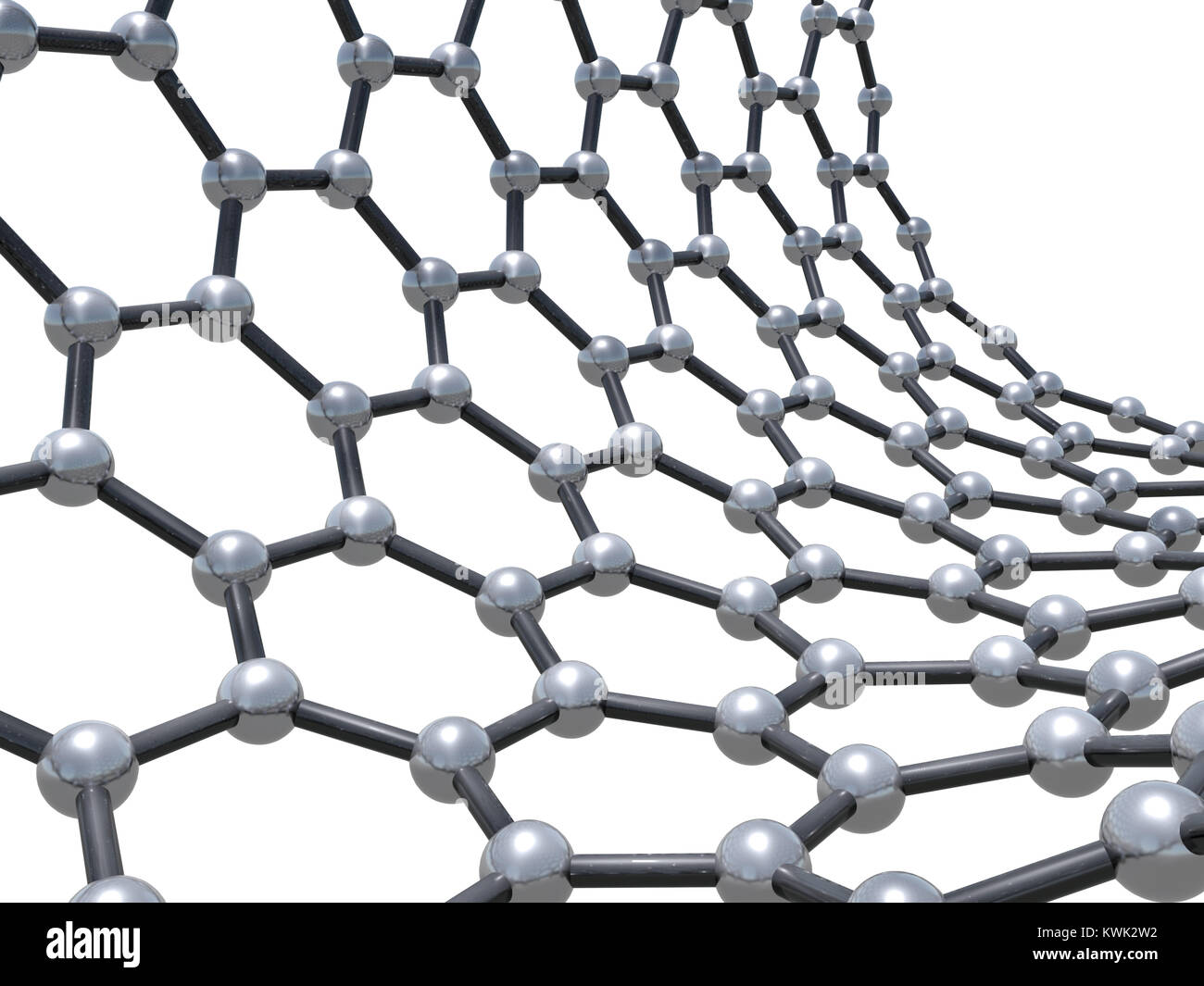 Single-walled Carbon Nanotube Zickzack molekulare Struktur auf weißem Hintergrund. Atome in gewickelt hexagonalen Gitter verbunden. 3D-Darstellung Stockfoto