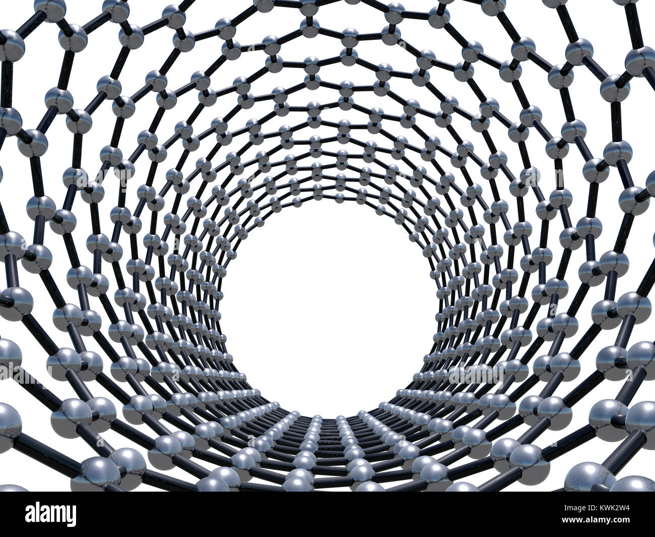 Single-walled Carbon Nanotube Zickzack molekulare Struktur, Frontansicht Perspektive auf weißem Hintergrund. Atome in gewickelt sechseckige verbunden La Stockfoto