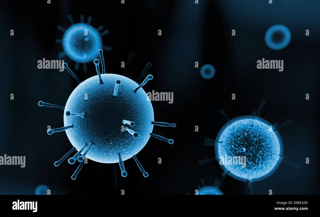Virus, Grippe, mit Blick auf ein Virus unter einem Mikroskop, ansteckende Krankheit Stockfoto