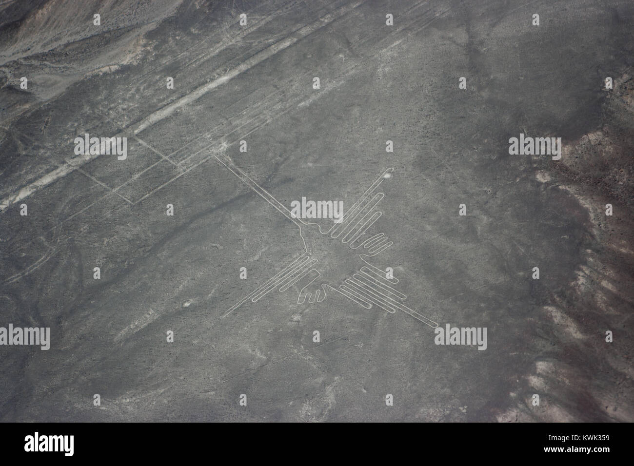 Luftbild des Vogels Abbildung bei Nazca Linien aus dem Flugzeug gesehen, Nazca Lines, Peru Stockfoto