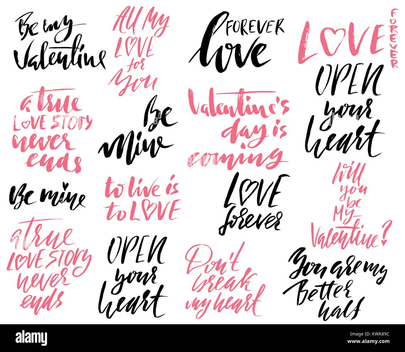 Satz von handdrawn moderne trockene Bürste Schriftzug Phrasen. Typografie Banner für Saint Valentines Tag. Vektor Kalligraphie Abbildung. Stock Vektor