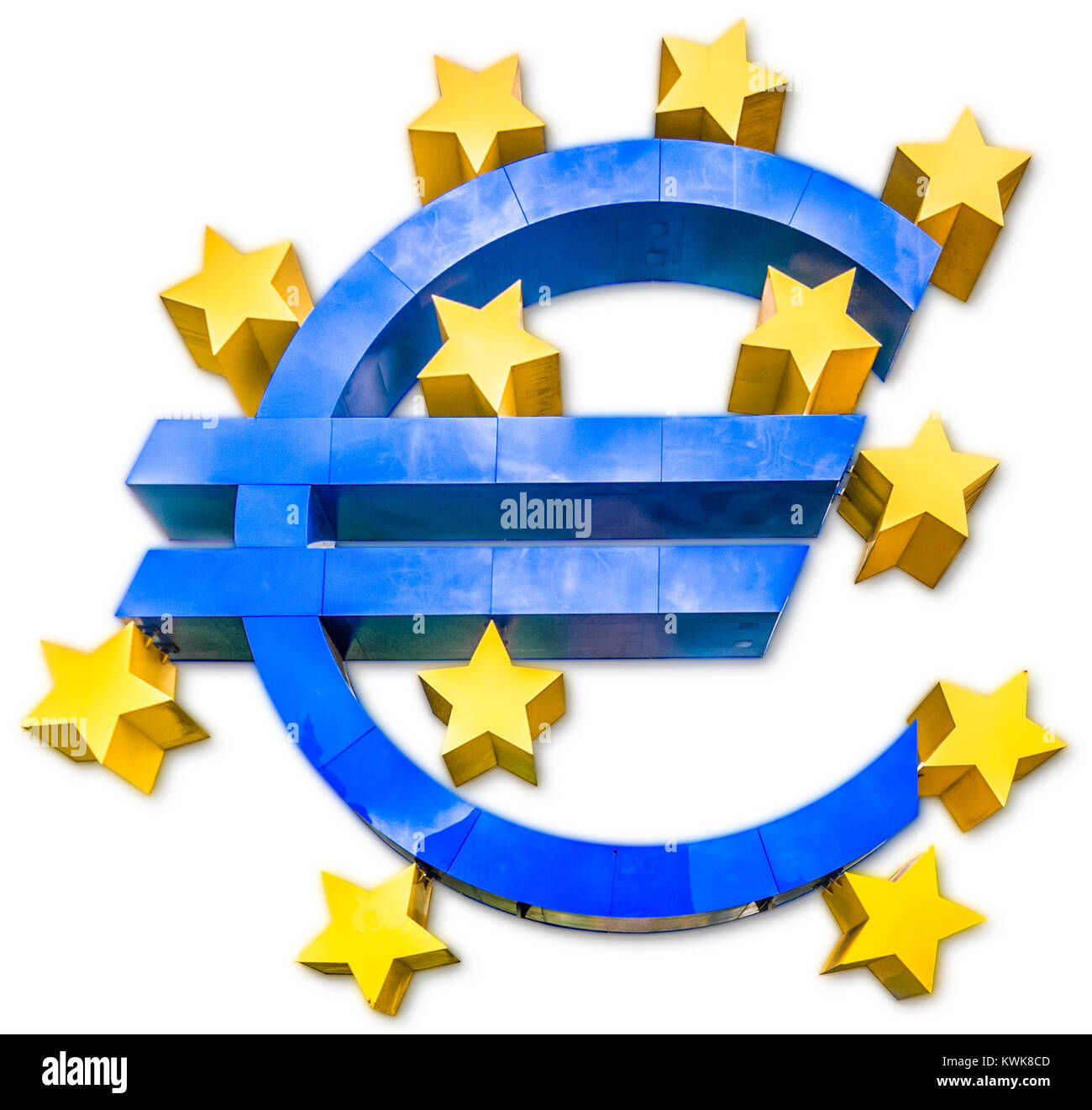 Metallisch glänzenden 3D Euro Symbol in blauer Farbe mit goldenen Sternen auf weißem Hintergrund Stockfoto