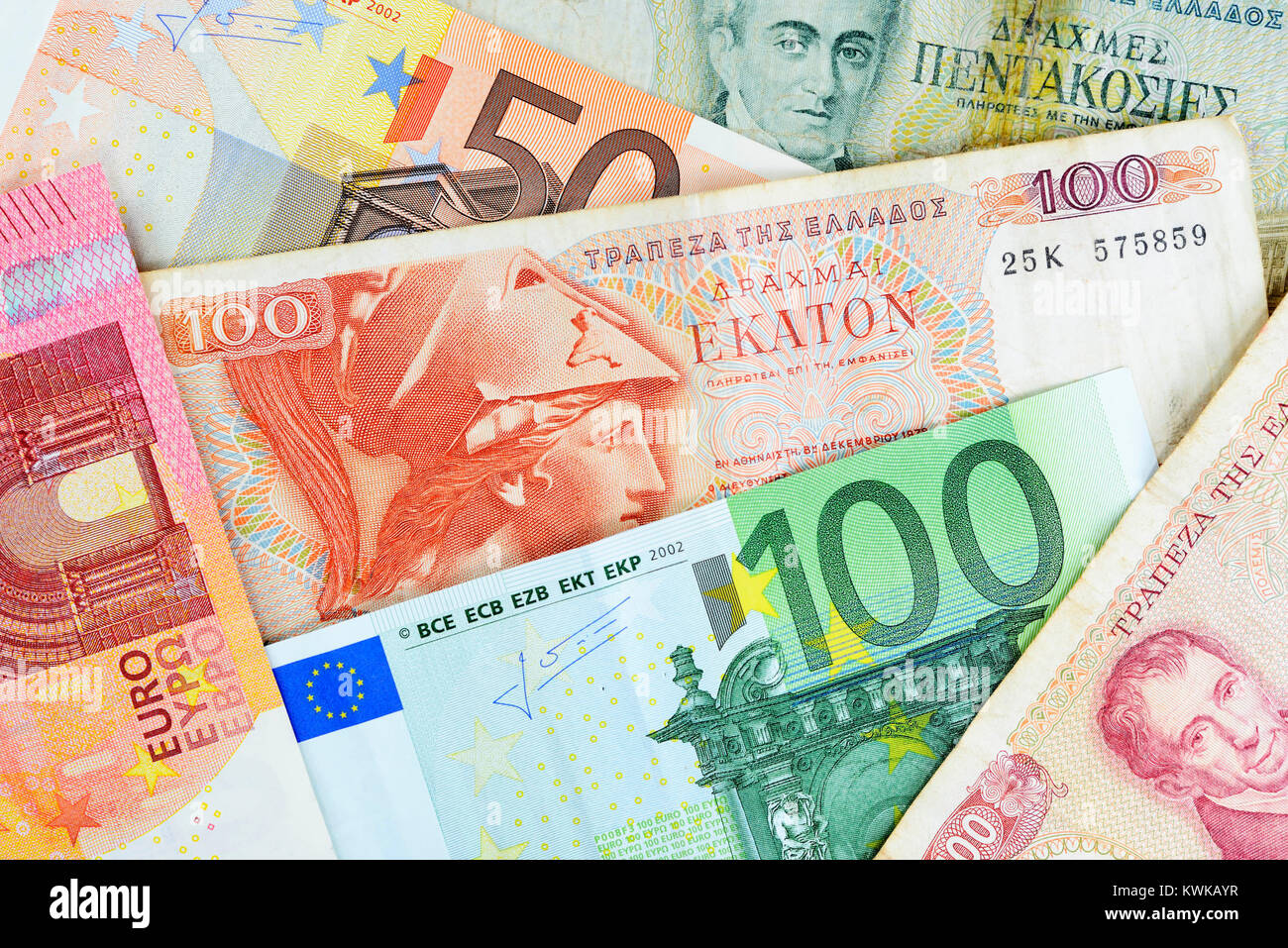 Griechische drachms und Euronotes, griechischen Drachmen und Euroscheine Stockfoto