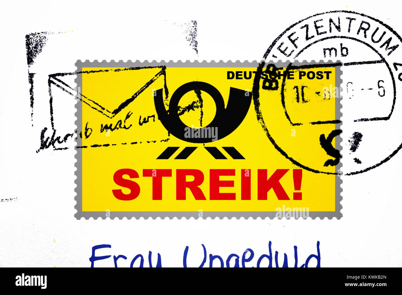 Mit Streik Schlaganfall Stempel, symbolische Foto Poststreik, Briefmarke mit Streik-Schriftzug, Symbolfoto Post-Streik Stockfoto