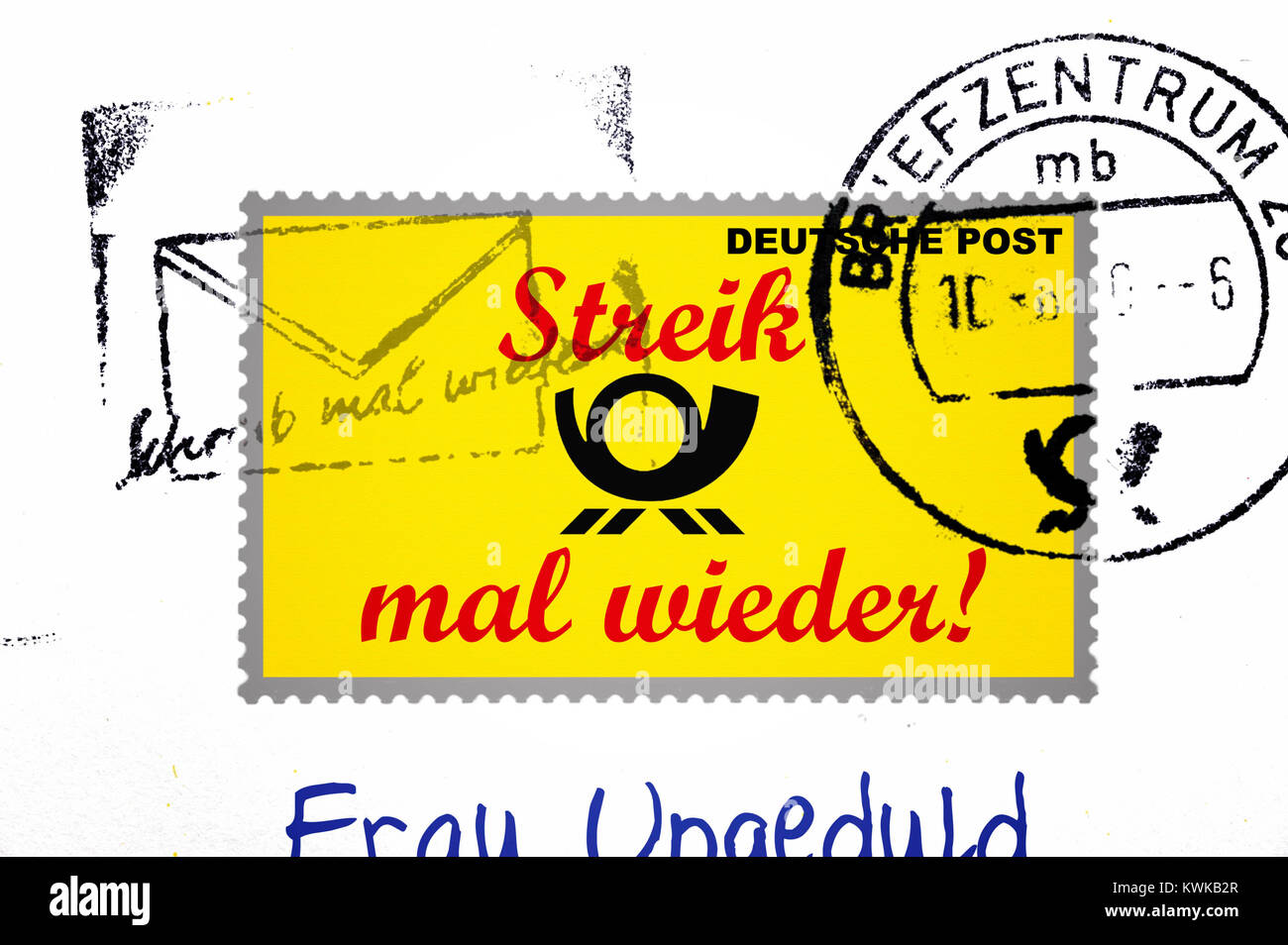 Mit Schlaganfall: Erneut Stempel, symbolische Foto Poststreik, Briefmarke mit Perkele Strik mal wieder, Symbolfoto Post-Streik Stockfoto