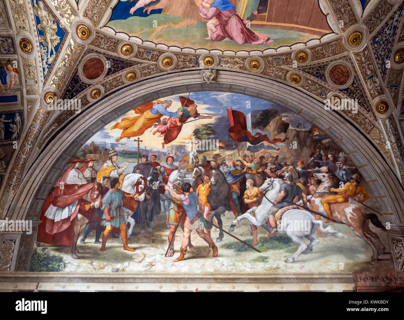 Fresko berechtigt, Begegnung von Leo der Große mit Attila von Raphael (Raffaello Sanzio da Urbino, 1483-1520), c. 1513-21, Zimmer von Heliodor, Raphael's Zimmer, Vatikanische Museen, Rom, Italien Stockfoto