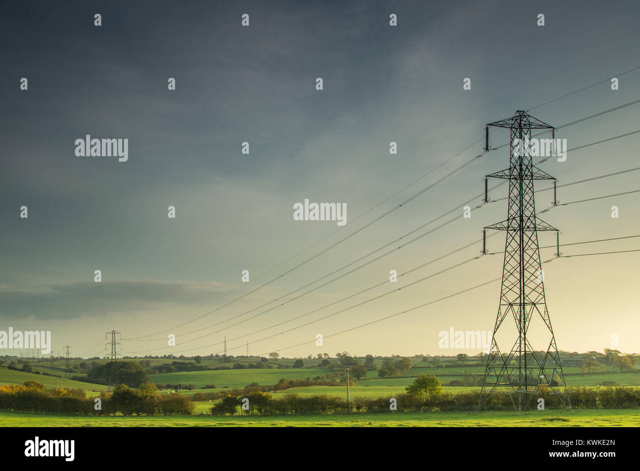 Stromleitungen, die Macht über die Landschaft von England tragen, wie die Abendsonne zu setzen beginnt. Stockfoto