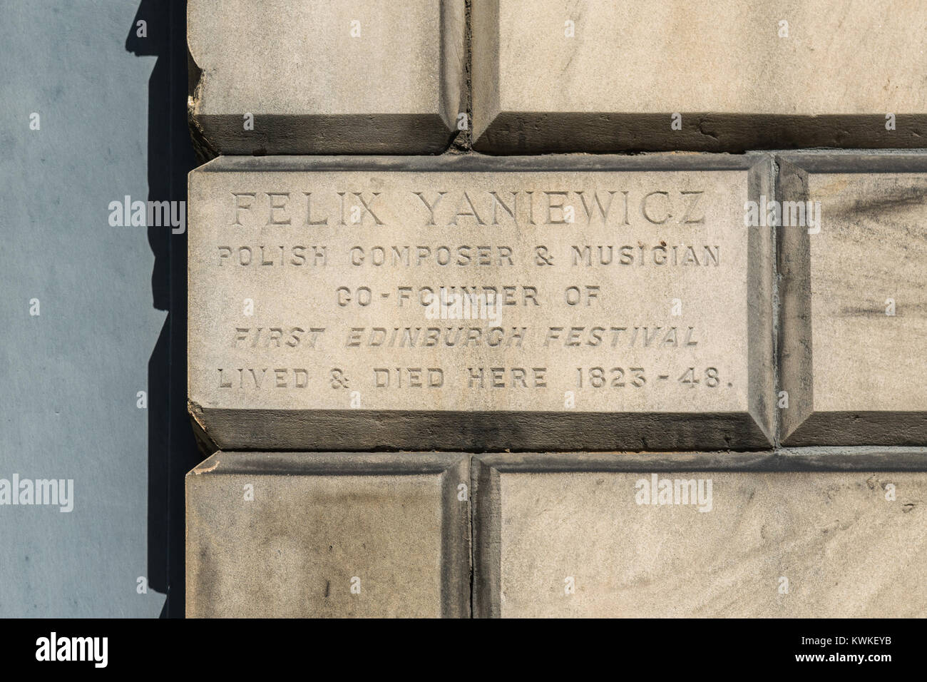 Felix Yaniewicz Gedenkstätte Inschrift bei 84 Great King Street in Edinburgh, wo Felix Yaniewicz polnischen Komponisten und Musiker lebte Stockfoto