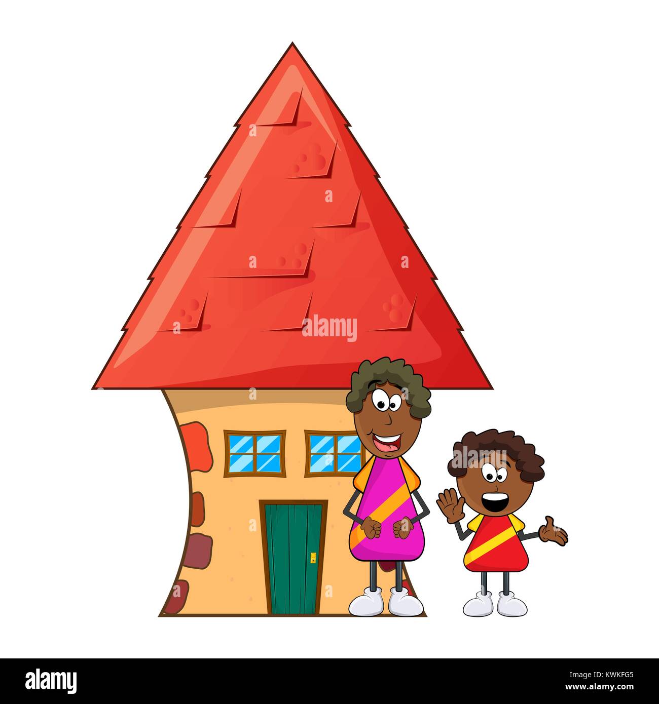 African black boy Cartoon mit der Mutter und dem Haus auf weißem Hintergrund Stock Vektor