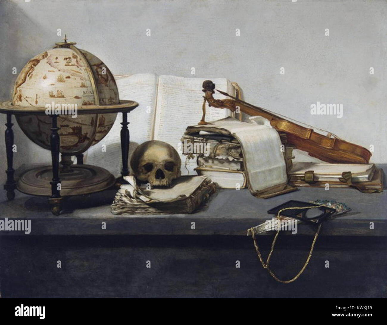 Jan Davidsz de Heem Vanitas-Stillleben mit Büchern, ein Globus, ein Schädel, eine Geige und ein Fan Stockfoto