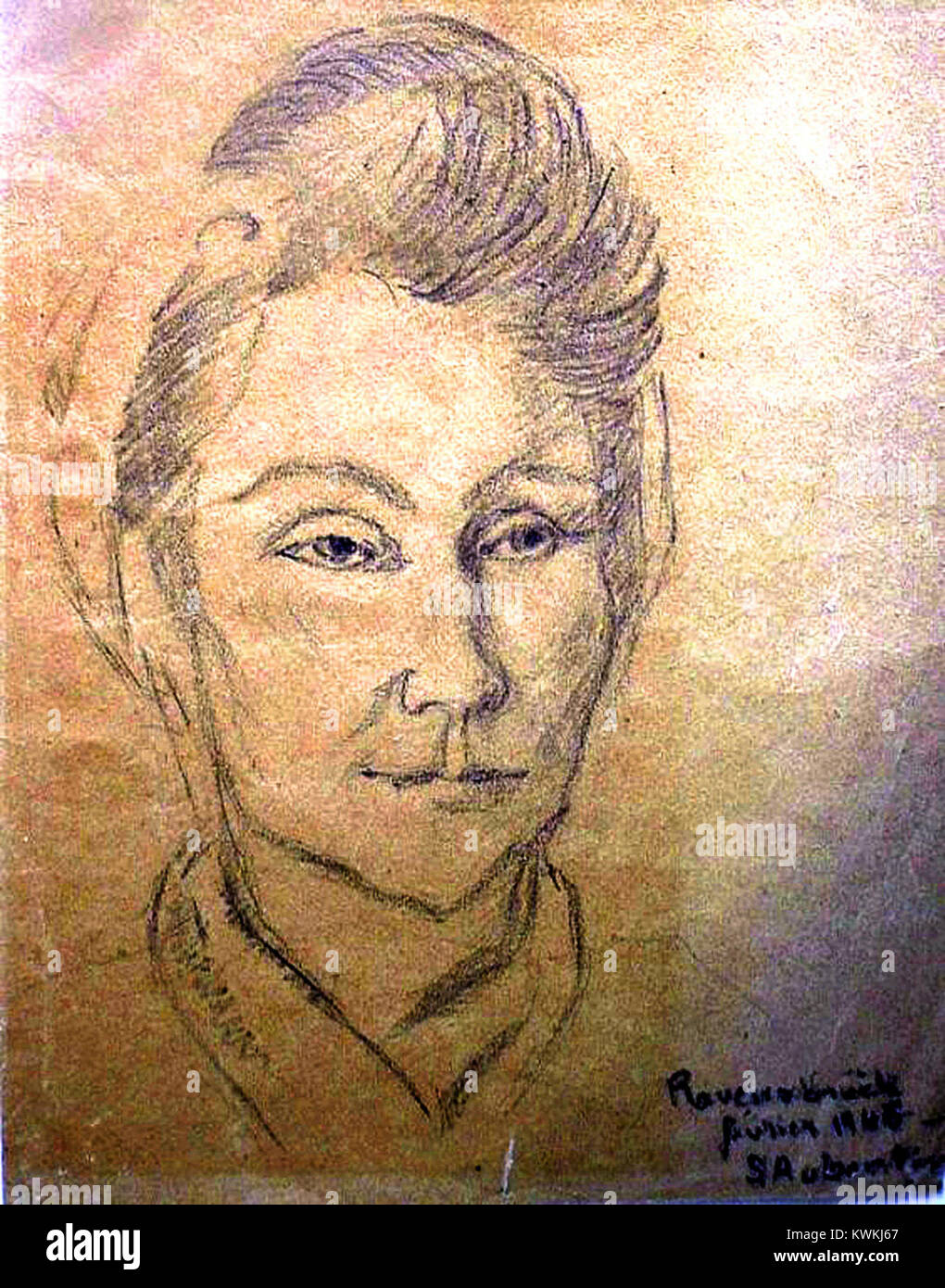 Ein Porträt von Yvonne de Komornicka, das 1944 von einer Mitgefangenen in Ravensbrück gezeichnet wurde, zeigt sie in Gefängniskleidung und repräsentiert ihren Status als weibliche politische Gefangene im NS-Konzentrationslager-System. Stockfoto