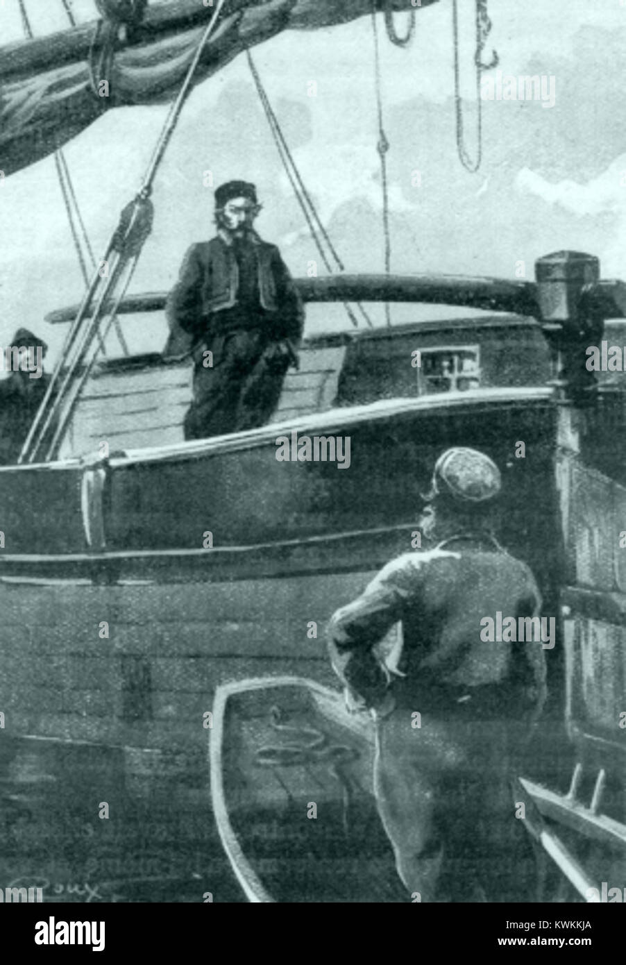Der Donaupilot ist ein Gemälde von George Roux, das einen Mann darstellt, der auf der Donau navigiert. Das Kunstwerk fängt die Mischung aus menschlicher Arbeit und natürlicher Landschaft im Stil des 19. Jahrhunderts ein. Stockfoto