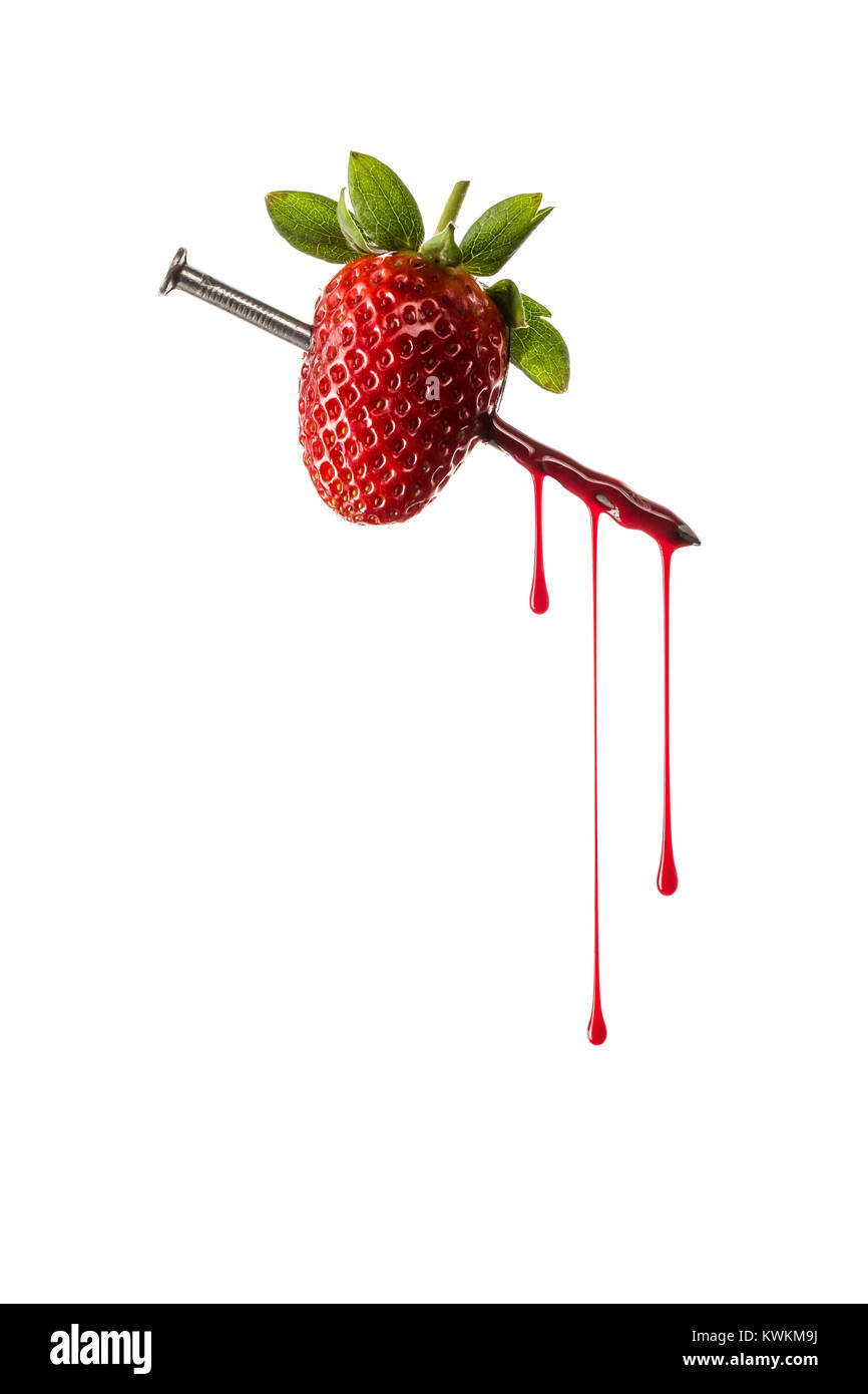 Blut tropft von einer großen Nagel, die durch eine Erdbeere bestanden hat Stockfoto
