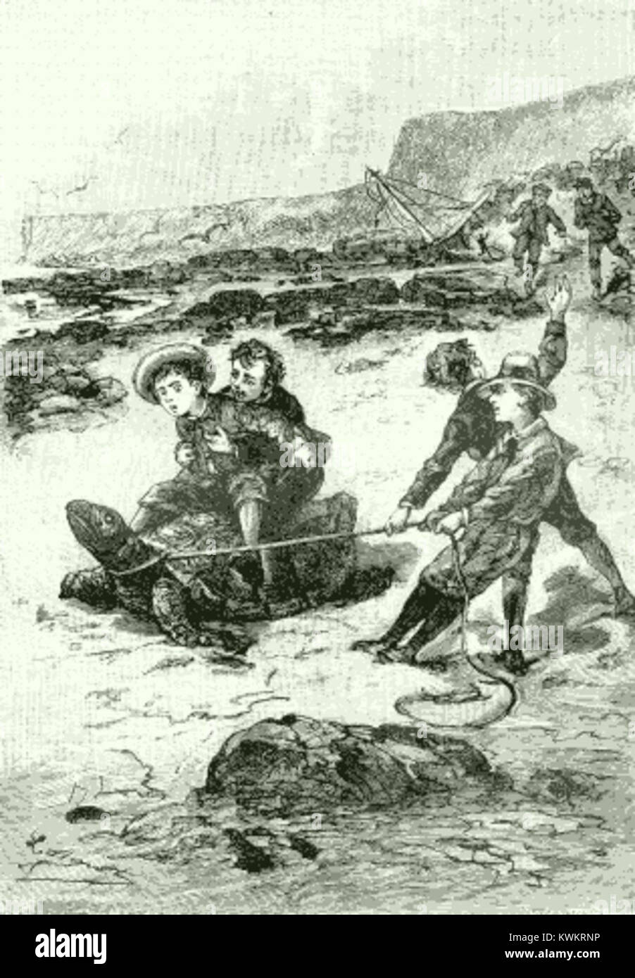 Die Illustration von Léon Benett für Jules Vernes Roman „Two Years’ Vacation“ (1888) zeigt eine Gruppe von verworfenen Schuljungen auf einer einsamen Pazifikinsel, die in Tinte und Waschung mit dynamischer Komposition und narrativen Details dargestellt sind. Stockfoto