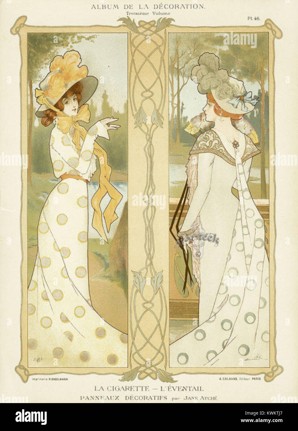 Eine Lithografie mit dem Titel La Zigarette von Jane Atché, die eine rauchende Frau darstellt. Das Werk spiegelt die charakteristische Eleganz des Stils und die symbolische Darstellung der modernen Weiblichkeit in der Kunst des frühen 20. Jahrhunderts wider. Stockfoto