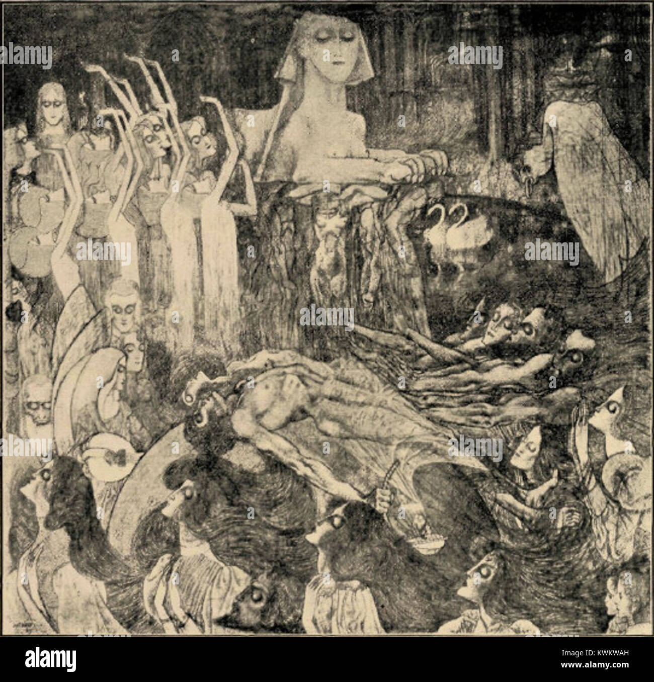 De Sphinx (1898) von Jan Toorop ist eine Symbolistenzeichnung, die Mystik und Allegorie kombiniert. Das Werk veranschaulicht Toorops charakteristischen linearen Stil und seine Auseinandersetzung mit spirituellen und psychologischen Themen. Stockfoto
