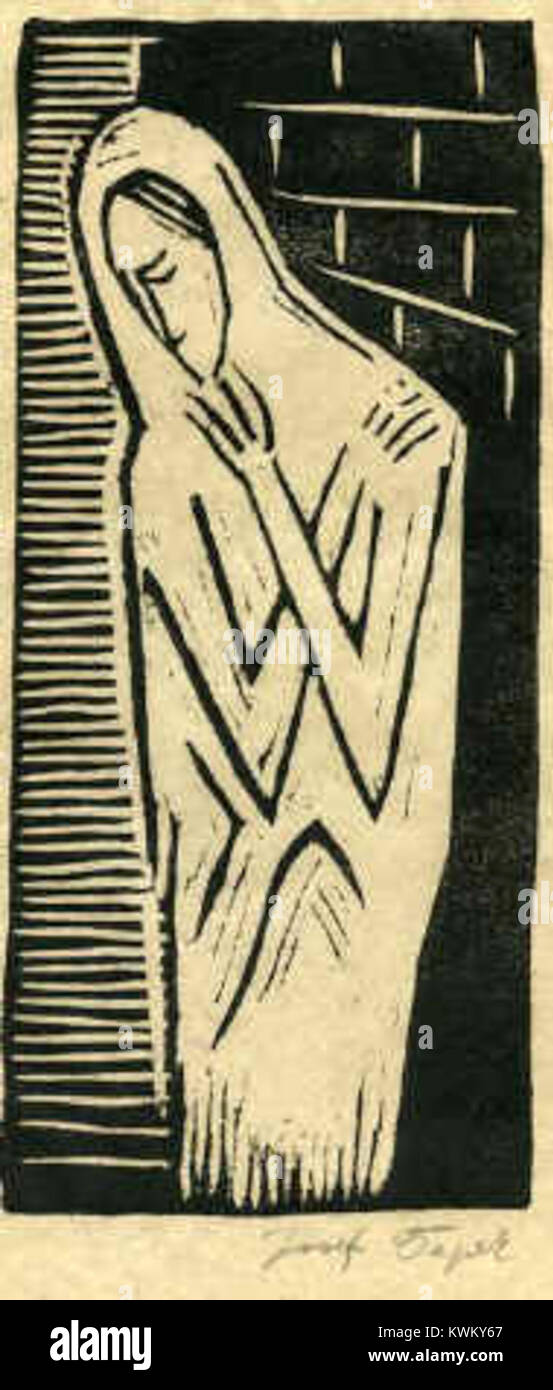 Josef Čapek’ Gemälde Žebračka (die Bettlerin) aus dem Jahr 1919 zeigt eine weibliche Figur in Armut, die in einem expressiven Stil der Moderne dargestellt ist. Die Arbeit spiegelt Čapek Fokus auf menschliches Leid und soziale Themen im Europa nach dem Ersten Weltkrieg wider. Stockfoto