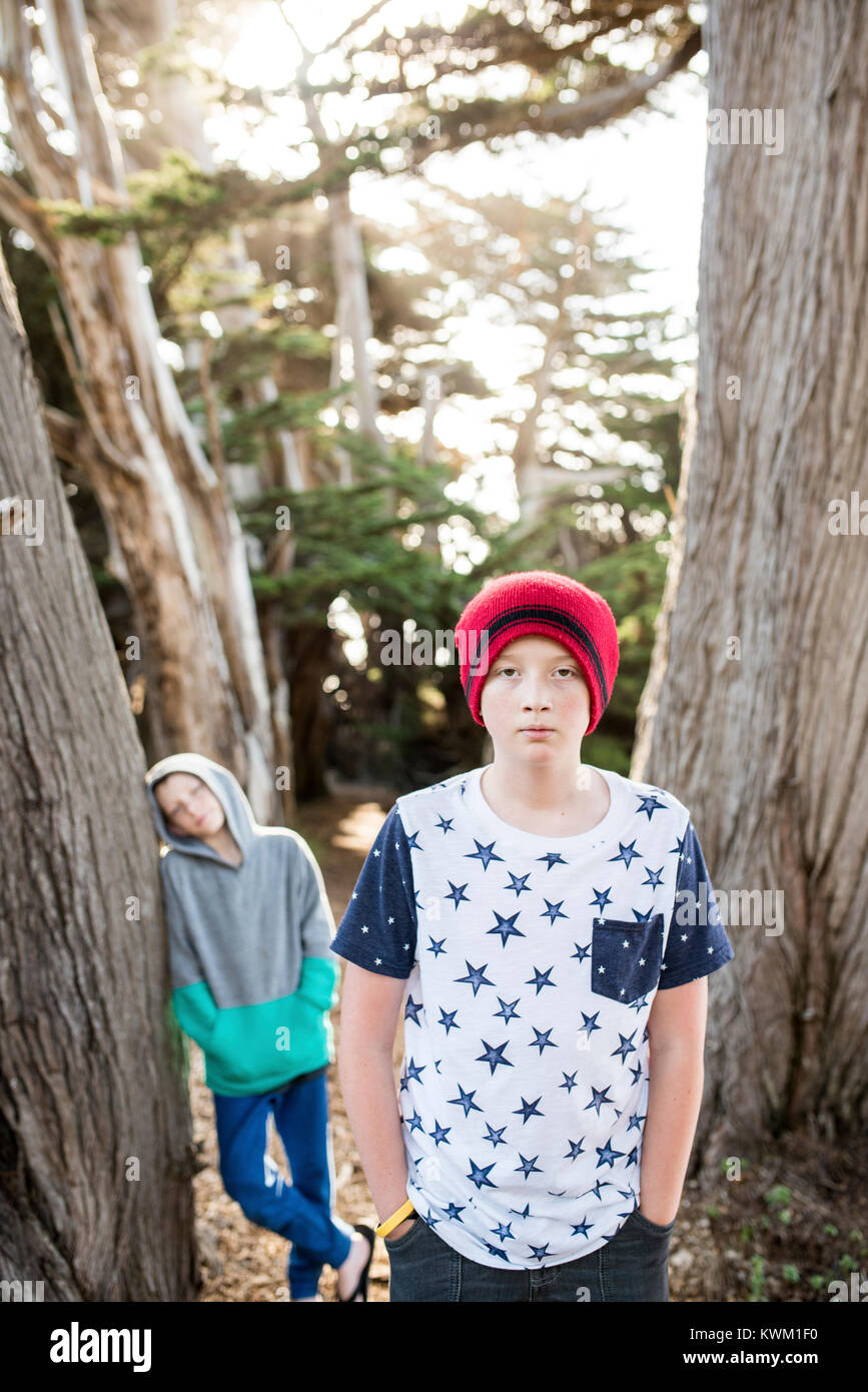 Portrait von zuversichtlich Junge mit Händen in den Taschen, während Freund stehend durch Baum im Park Stockfoto