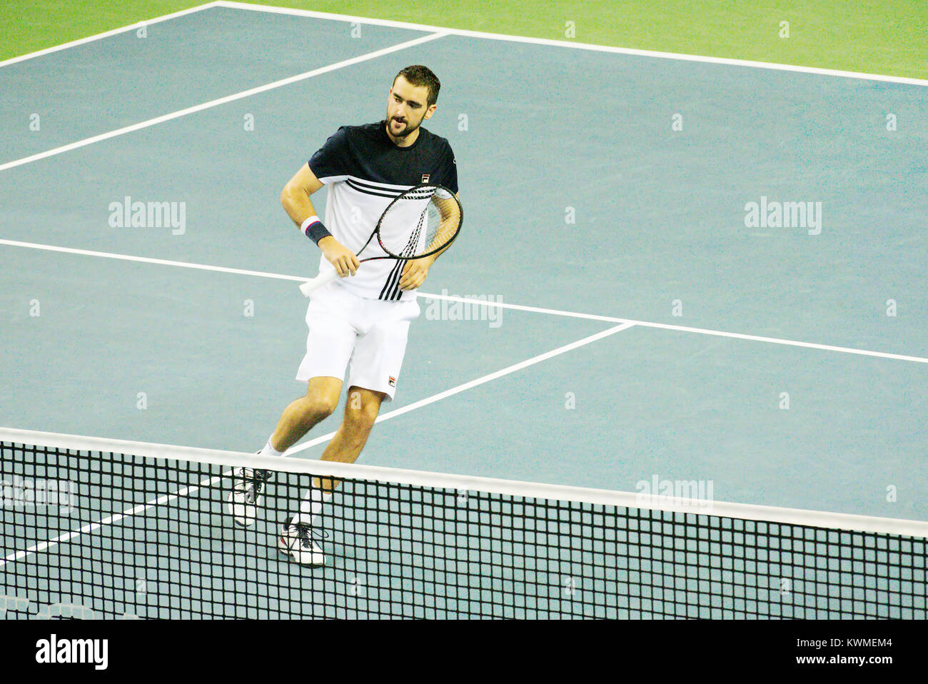 Pune, Indien. 3 Jan, 2018. Marin Cilic aus Kroatien in Aktion in der zweiten Runde der Konkurrenz Singles bei Tata Open Maharashtra am Mahalunge Balewadi Tennis Stadium in Pune, Indien. Credit: karunesh Johri/Alamy leben Nachrichten Stockfoto