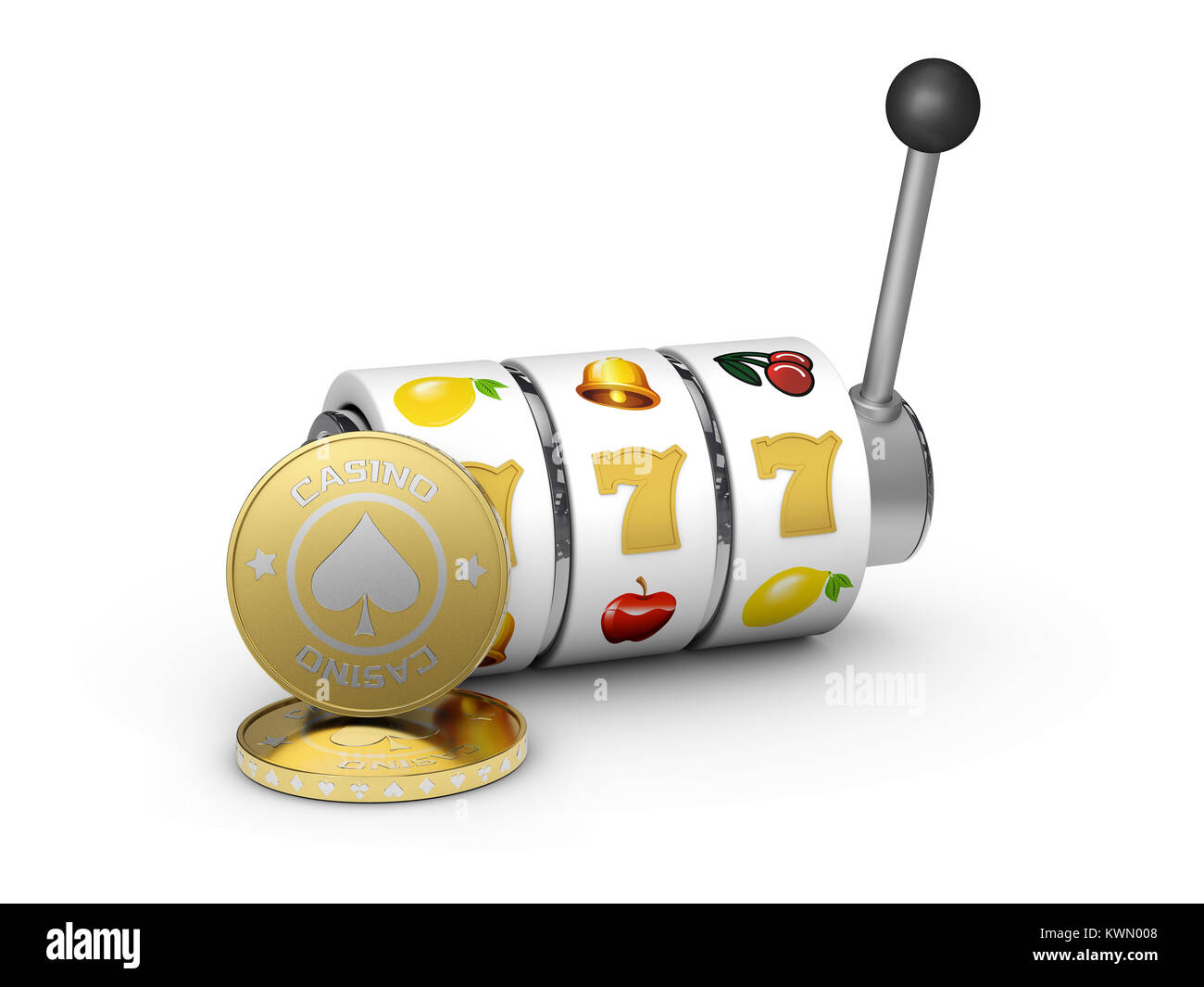 3D-Darstellung der Slot Maschine mit Lucky sevens Jackpot und Münzen Stockfoto