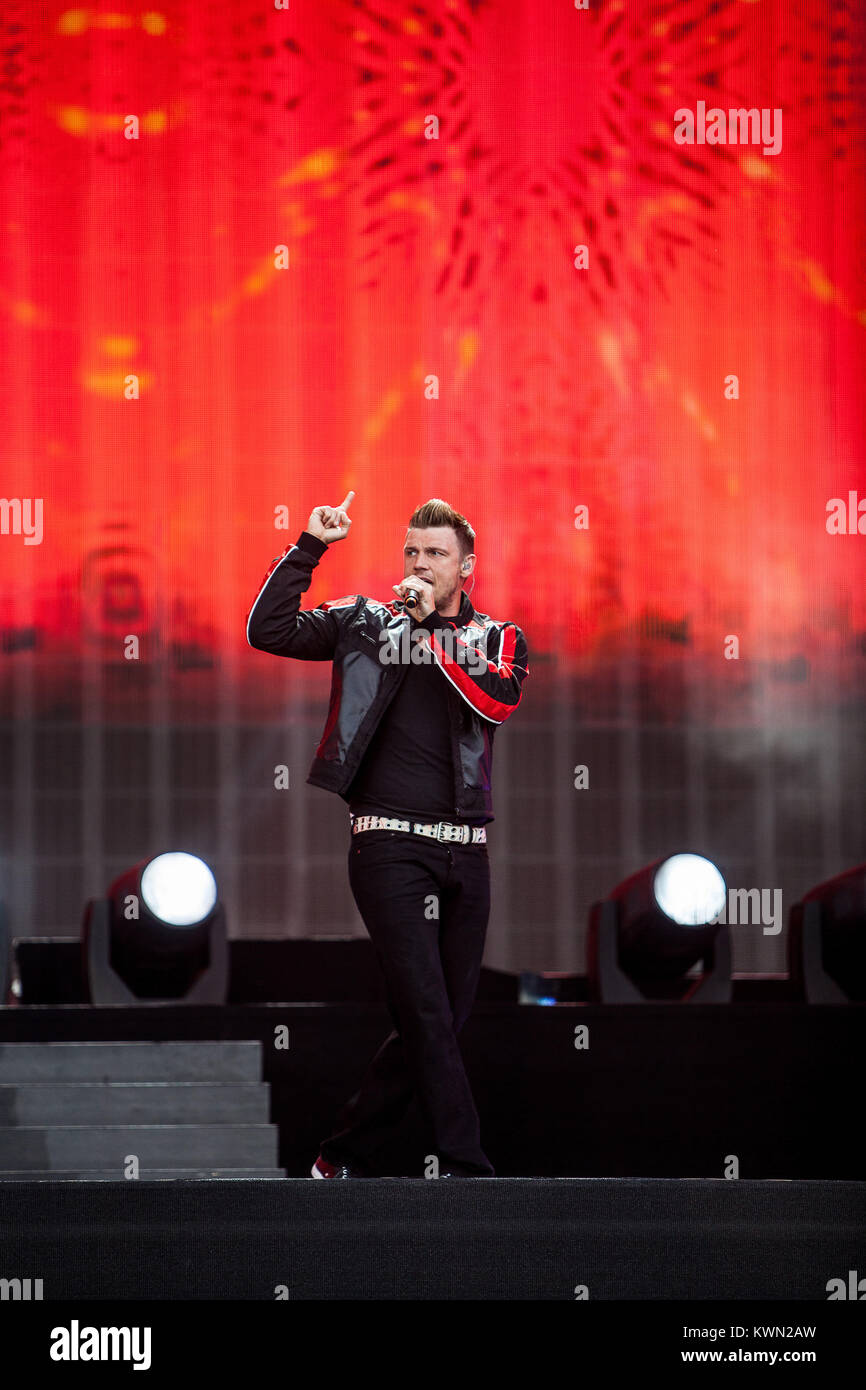 Die amerikanische junge Band und Vocal group Backstreet Boys durchführen, ein Live Konzert in der barclaycard Britische Sommerzeit Festival im Hyde Park in London 2014. Hier Nick Carter wird dargestellt, live auf der Bühne. De 06.07.2014. Stockfoto