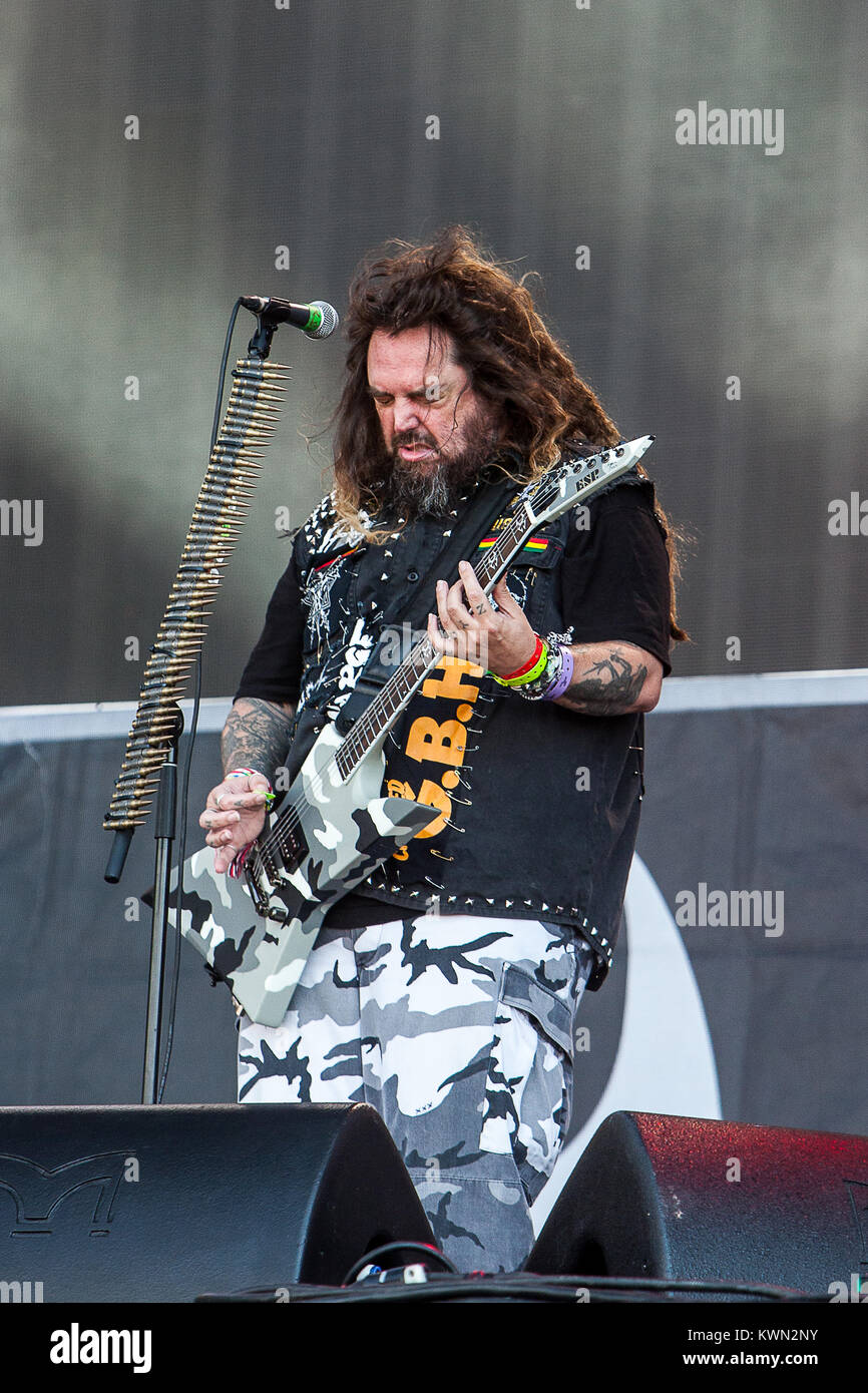 Die amerikanische metal band Soulfly führt ein Live Konzert in der barclaycard Theater Bühne am britischen Sommer Festival 2014 am Hyde Park, London. Hier Sänger und Gitarrist Max Cavalera ist dargestellt in live zu erleben. De 04.07.2014. Stockfoto