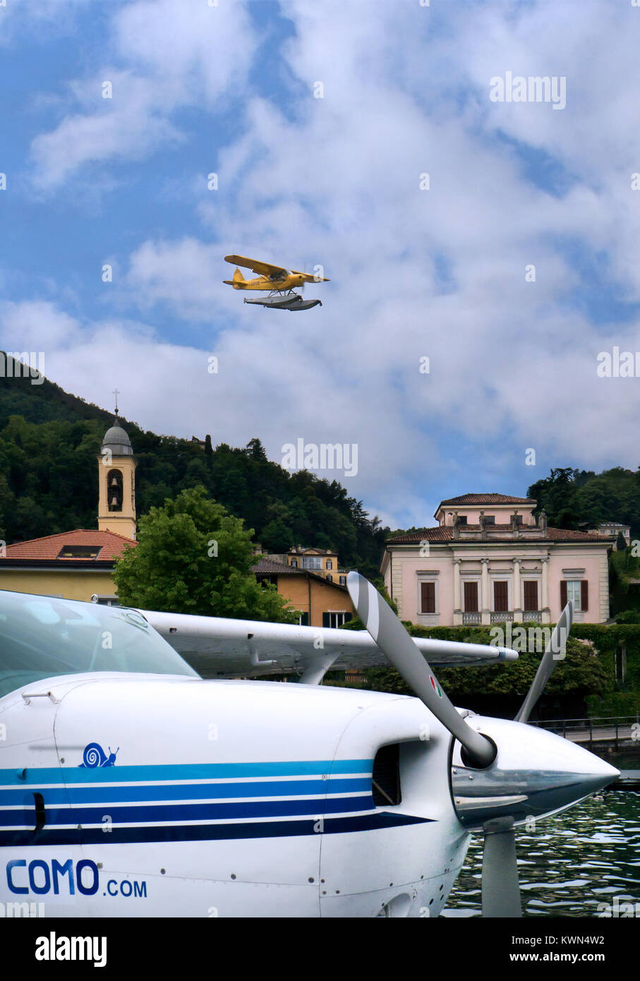 Aero Club Como Italien. Piper Cub Wasserflugzeug Stockfoto
