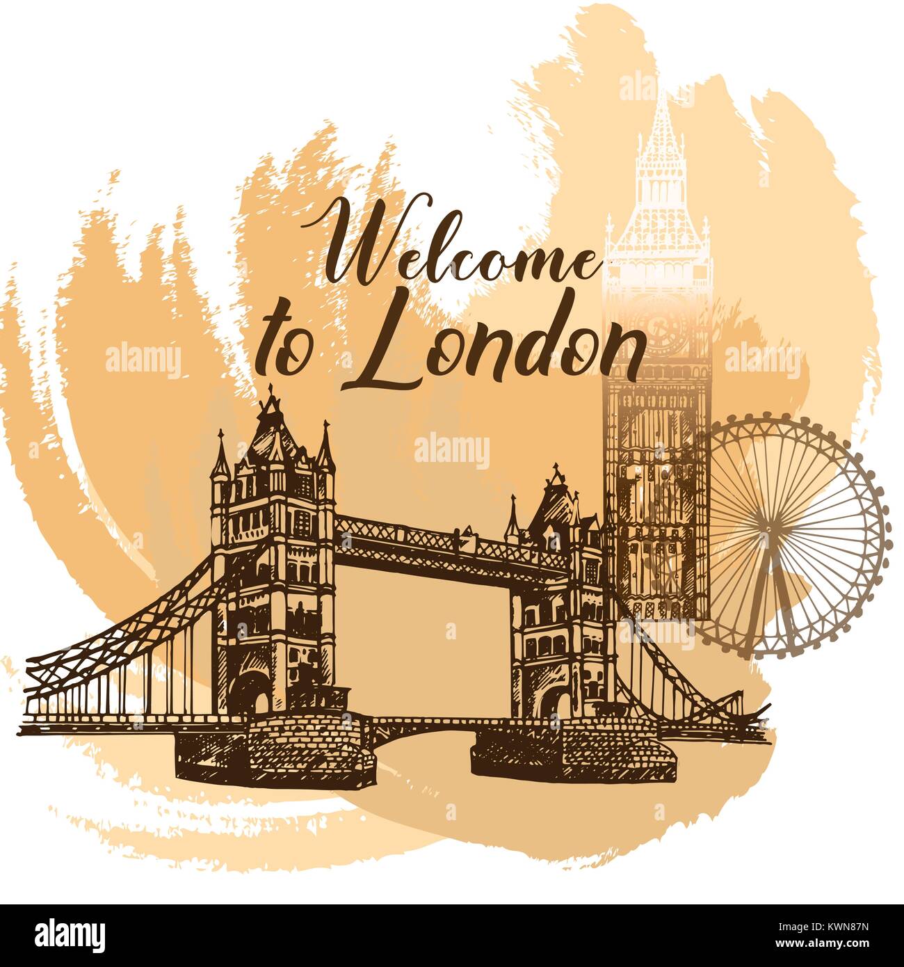 Satz von Hand gezeichnete Skizze stil Tower Bridge, Big Ben und London Eye. Vector Illustration auf weißem Hintergrund. Stock Vektor