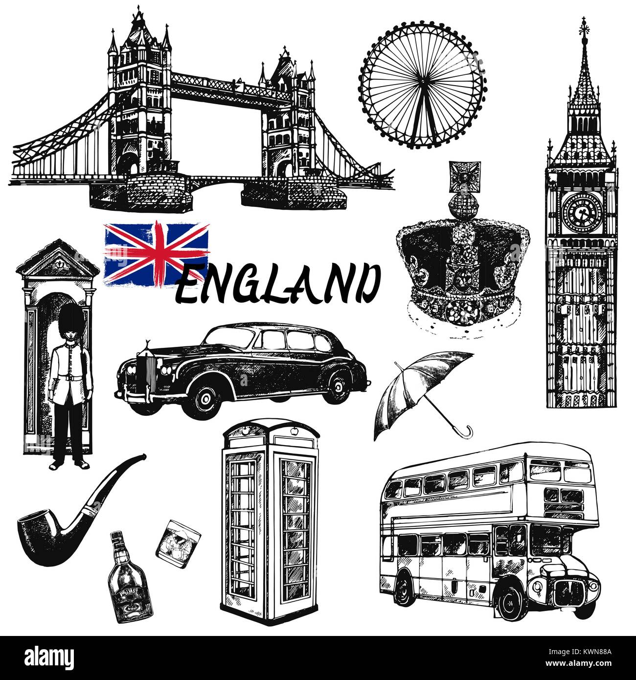 Satz von Hand gezeichnete Skizze stil England thematische Objekte. Vector Illustration auf weißem Hintergrund. Stock Vektor