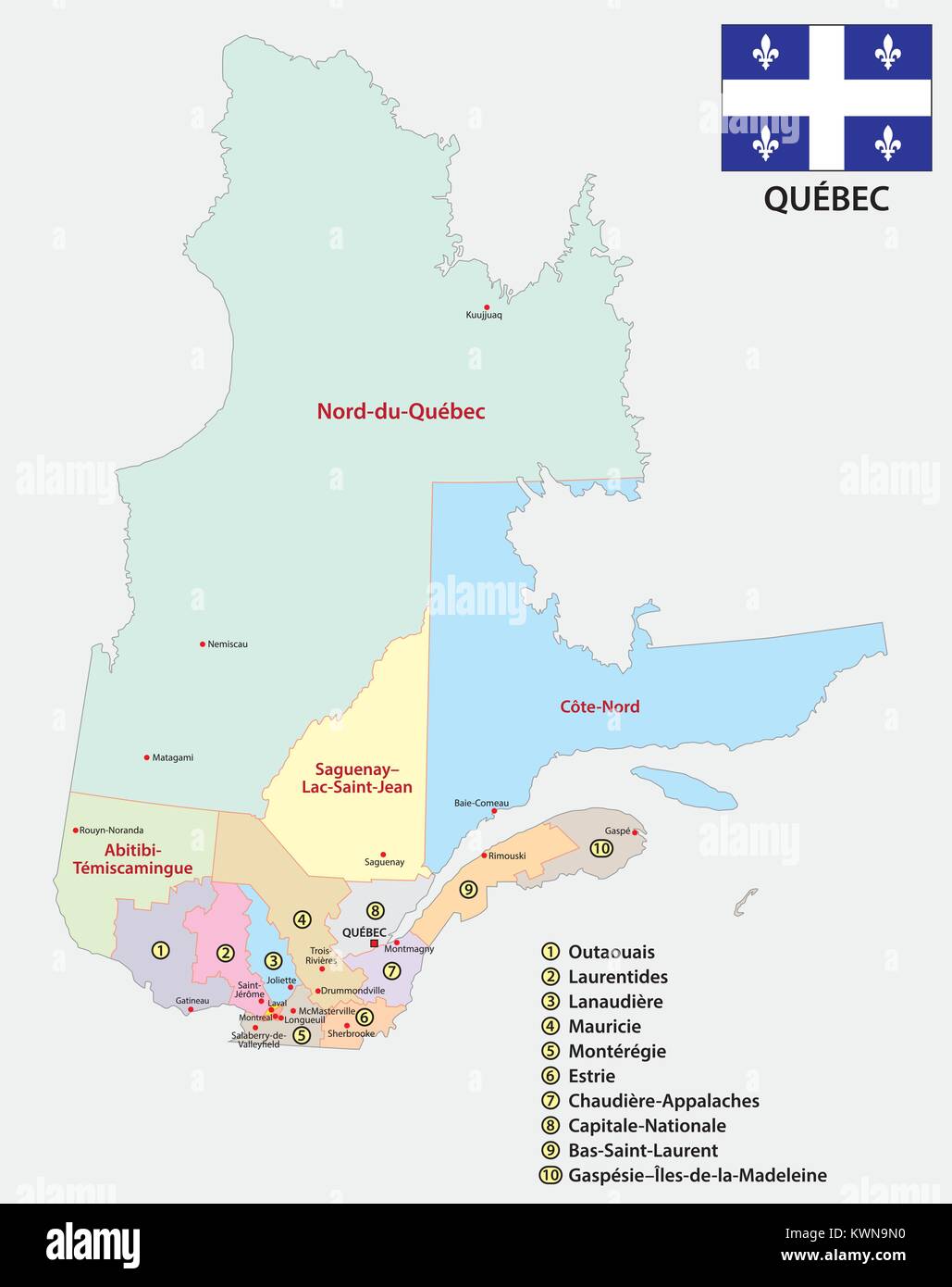 Provinz Quebec administrative und politische Vektorkarte mit Fahne Stock Vektor