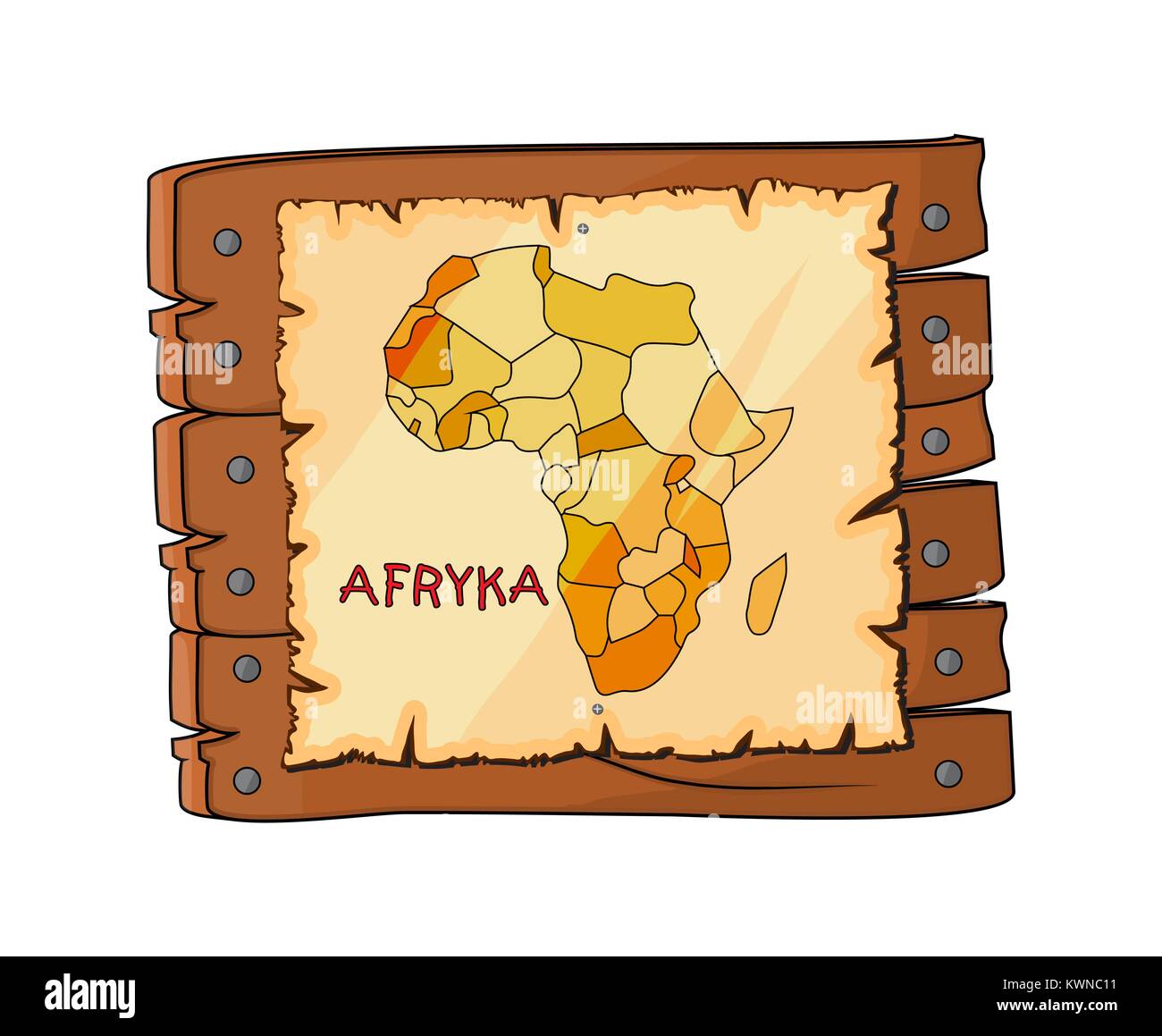 Afrika Karte auf Holzschild, Platte Cartoon auf weißem Hintergrund Stock Vektor