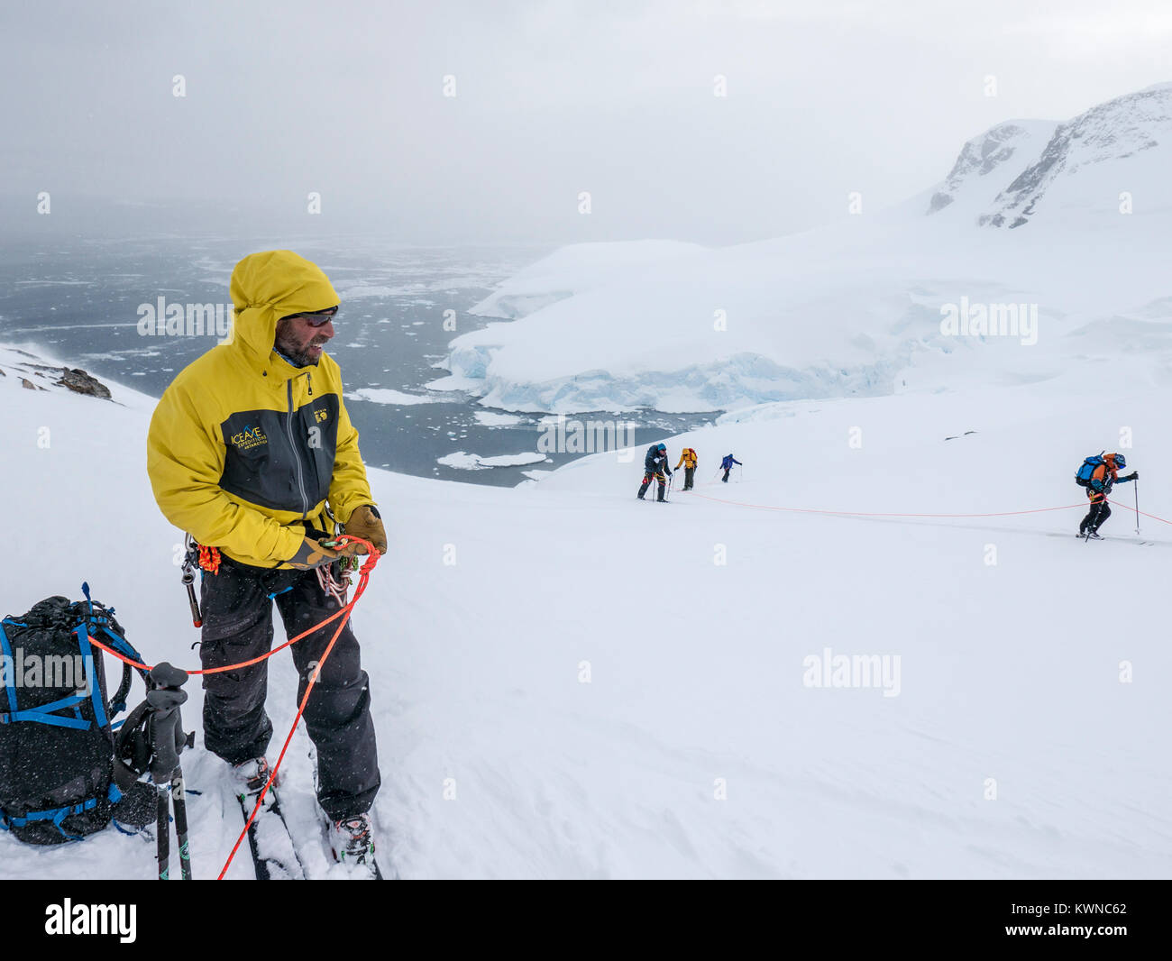 Skitourengeher roped gemeinsam für Sicherheit von gletscherspalten verwenden synthetische Felle auf Skiern den Berg hinauf zu klettern; Antarktis Stockfoto