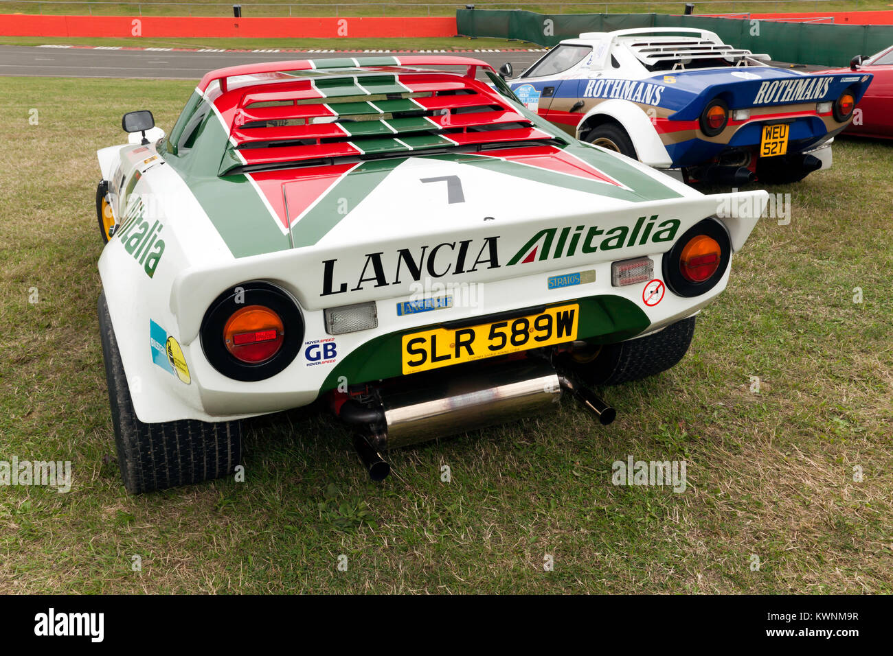 Drei Viertel Rückansicht eines 1981 Lancia HF Stratos Hawk3000, die auf statischen hat [Play bei der Silverstone Classic 2017 Stockfoto