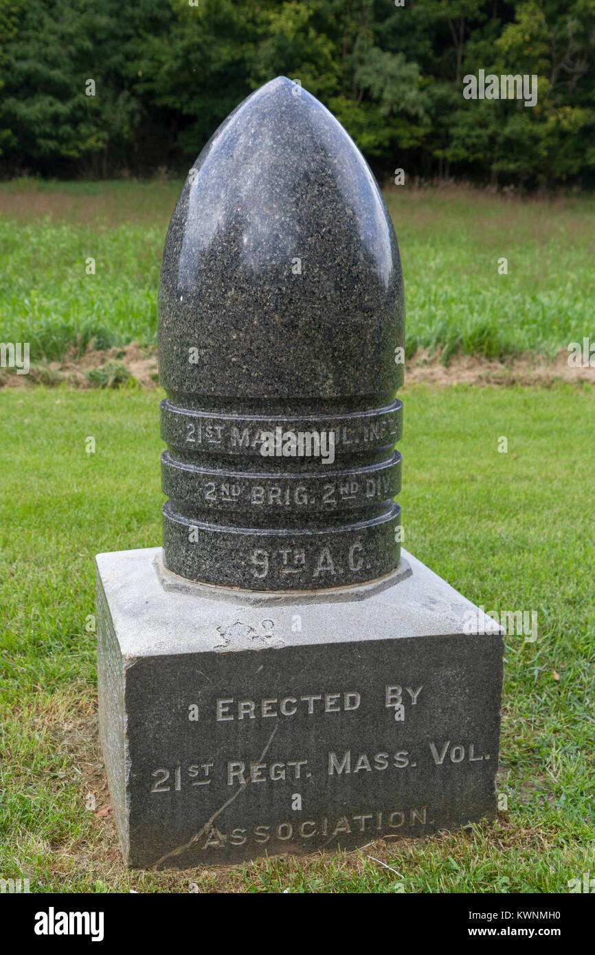 21 Massachusetts Volunteer Infantry Denkmal, in der Nähe von Burnside Bridge, Antietam National Battlefield, Maryland, USA. Stockfoto