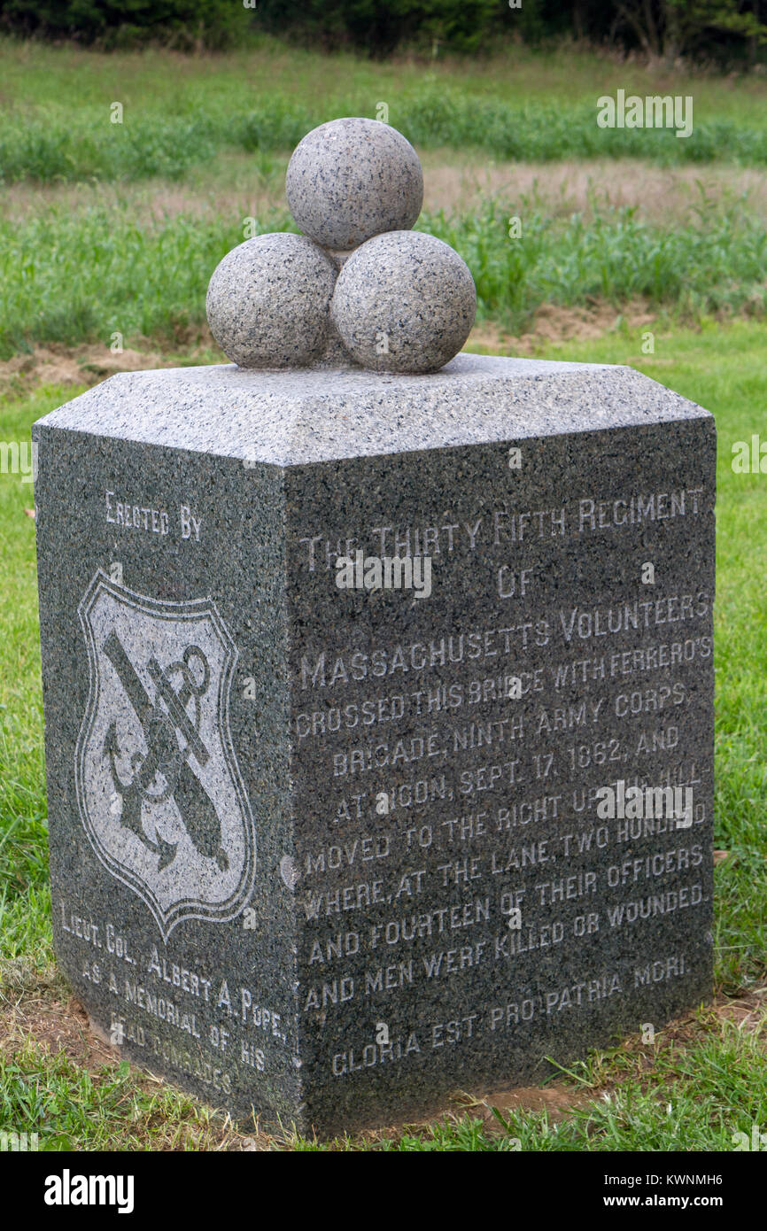 Die 35Th Massachusetts Volunteer Infantry Denkmal, in der Nähe von Burnside Bridge, Antietam National Battlefield, Maryland, USA. Stockfoto