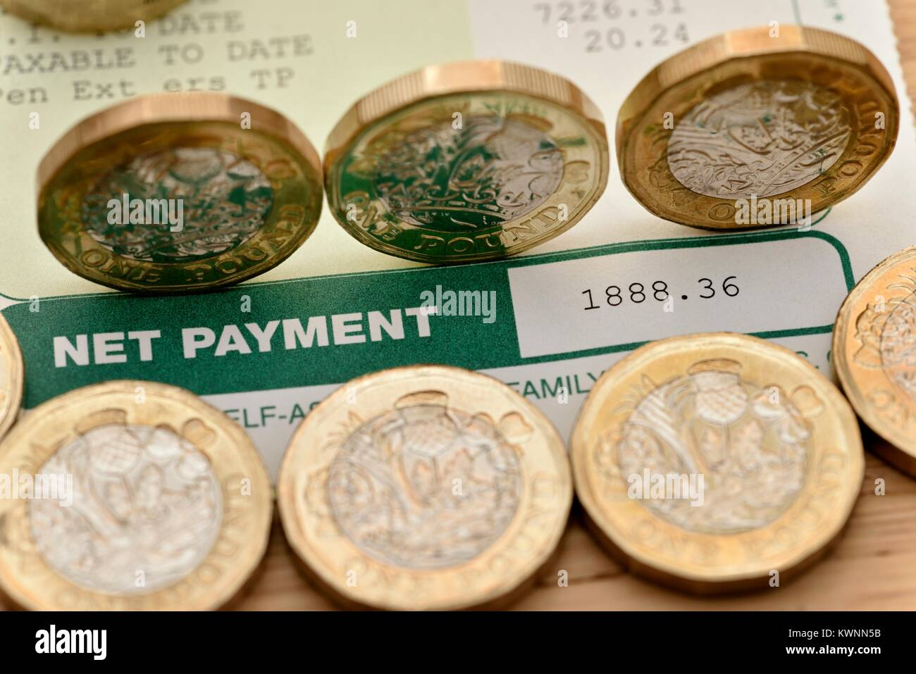 Net Zahlung auf einem Lohnzettel mit neuen ein Pfund Münzen Stockfoto
