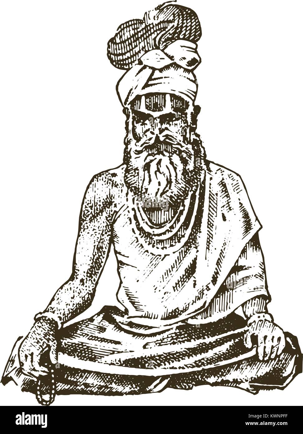 Hindu in Tracht. Indischen spirituellen Mönch meditieren und Wahrzeichen oder Architektur. Traditionelle religiöse Sadhu. graviert Hand in alte Skizze gezeichnet, Vintage Style. Stock Vektor Hindu in Tracht. Indischen spirituellen Mönch meditieren und Wahrzeichen oder Architektur. Traditionelle religiöse Sadhu. graviert Hand in alte Skizze gezeichnet, Vintage Style. Stock Vektor