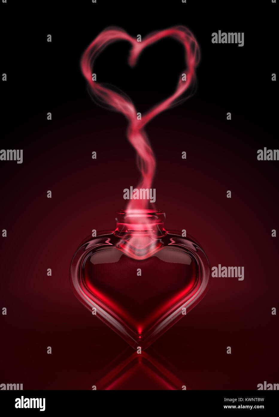 Eine liebe Konzept einen roten Trank in ein offenes Herz geformten Flasche und Dampf steigt ein Herz darüber zu bilden - 3D-Rendering Stockfoto