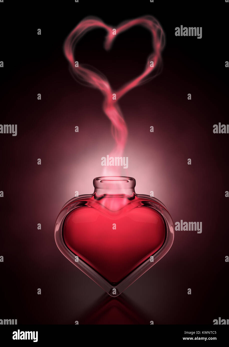 Eine liebe Konzept einen roten Trank in ein offenes Herz geformten Flasche und Dampf steigt ein Herz darüber zu bilden - 3D-Rendering Stockfoto