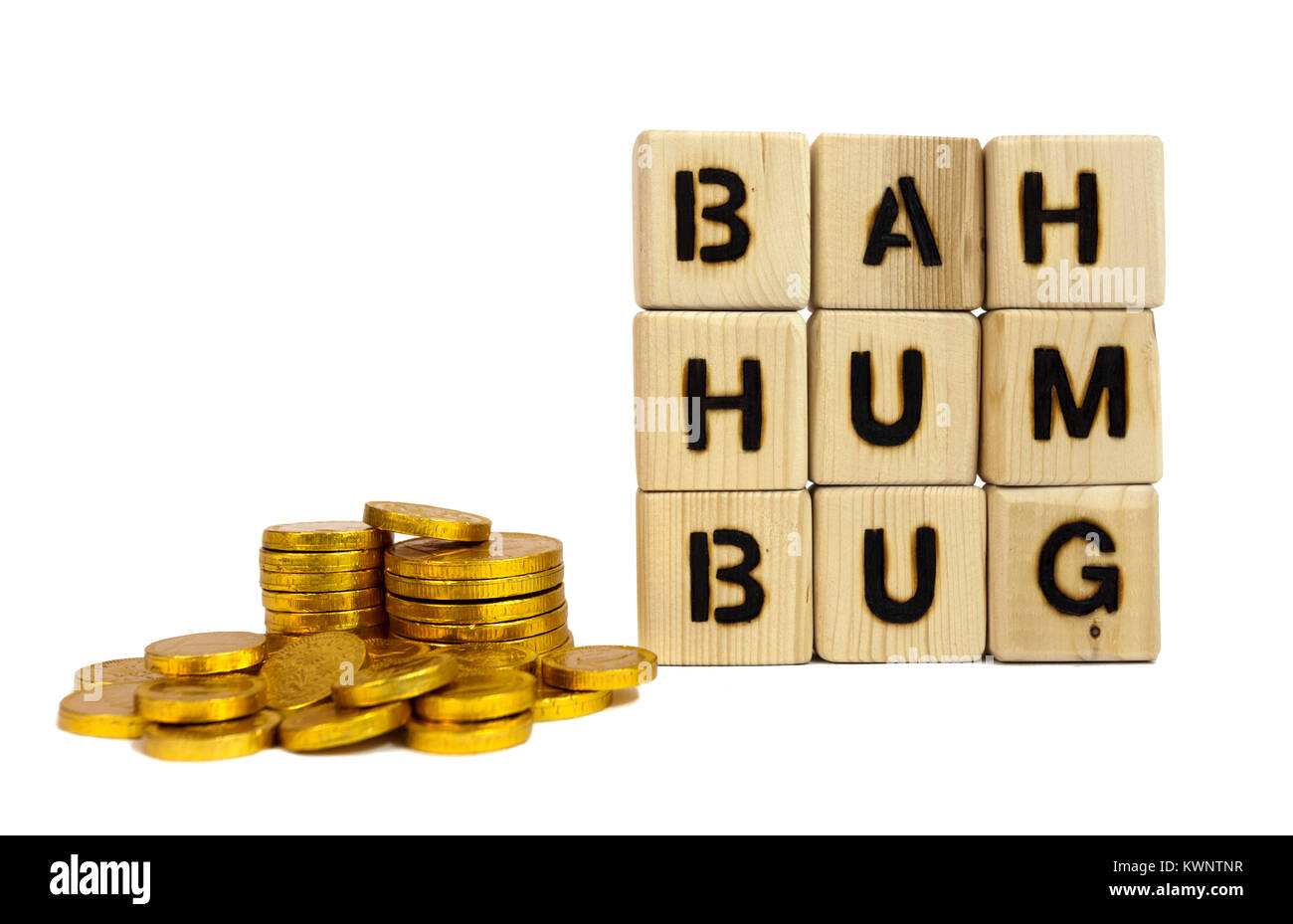 Stapel von Goldmünzen mit dagobert Stimmung. Geld! Bah Humbug! Stockfoto