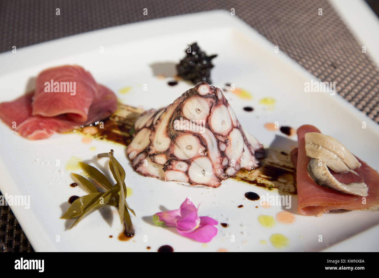Kalte Vorspeise Thunfisch, Kaviar und Octopus, restaurant Kroatien. Stockfoto