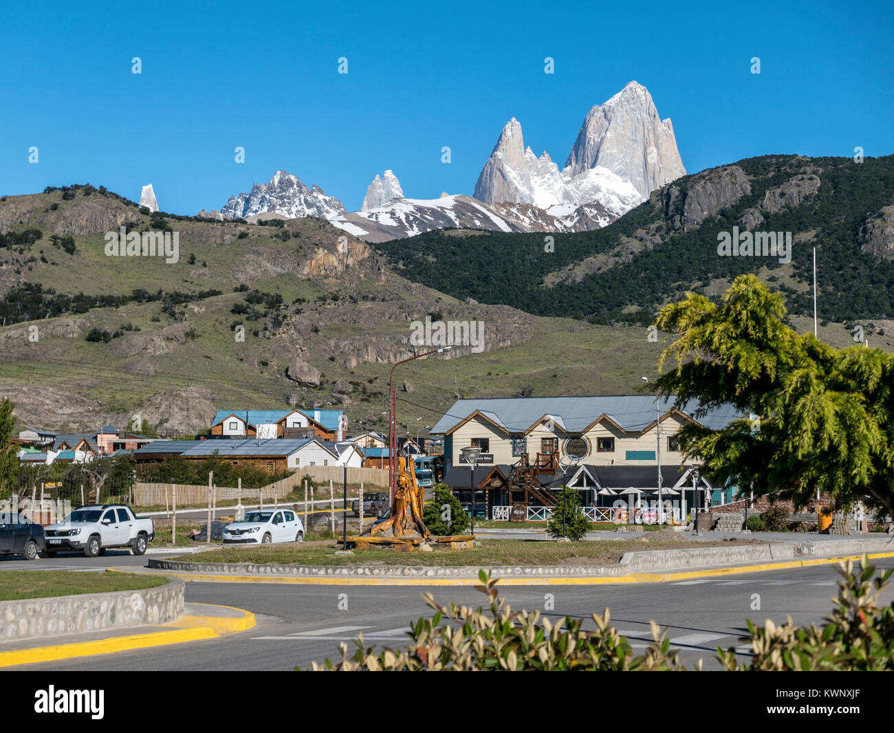 Ausblick auf den Mt. Fitzroy, Nationalpark Los Glaciares; von der Stadt von El Chaltén, Chile Stockfoto