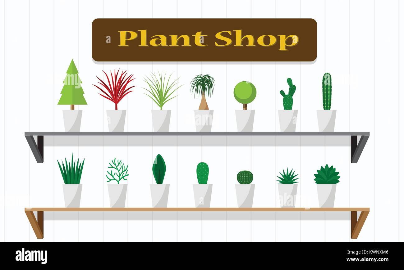 Interieur pflanzen Shop mit grüne Pflanze im Regal, vektor design Stock Vektor