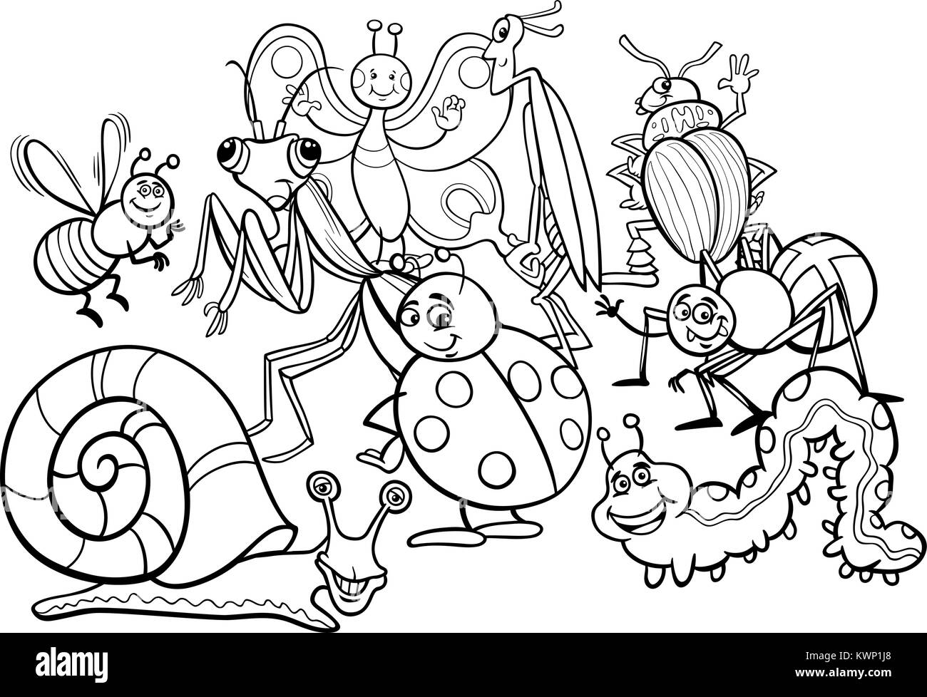 Schwarze und Weiße Cartoon Illustration von Insekten und Ungeziefer Tier Comicfiguren Gruppe Malbuch Stock Vektor