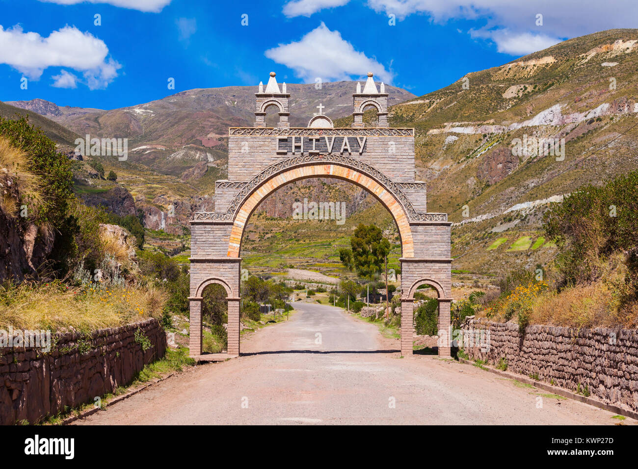 Eingangstor der Stadt Chivay, der Süden Perus Stockfoto