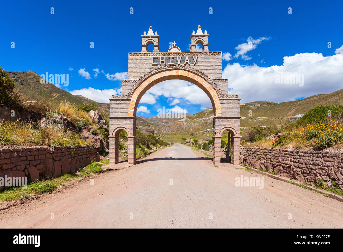 Eingangstor der Stadt Chivay, der Süden Perus Stockfoto