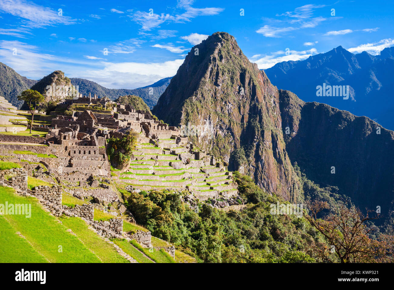 Blick auf die verlorene Inka-Stadt Machu Picchu in der Nähe von Cusco, Peru. Stockfoto