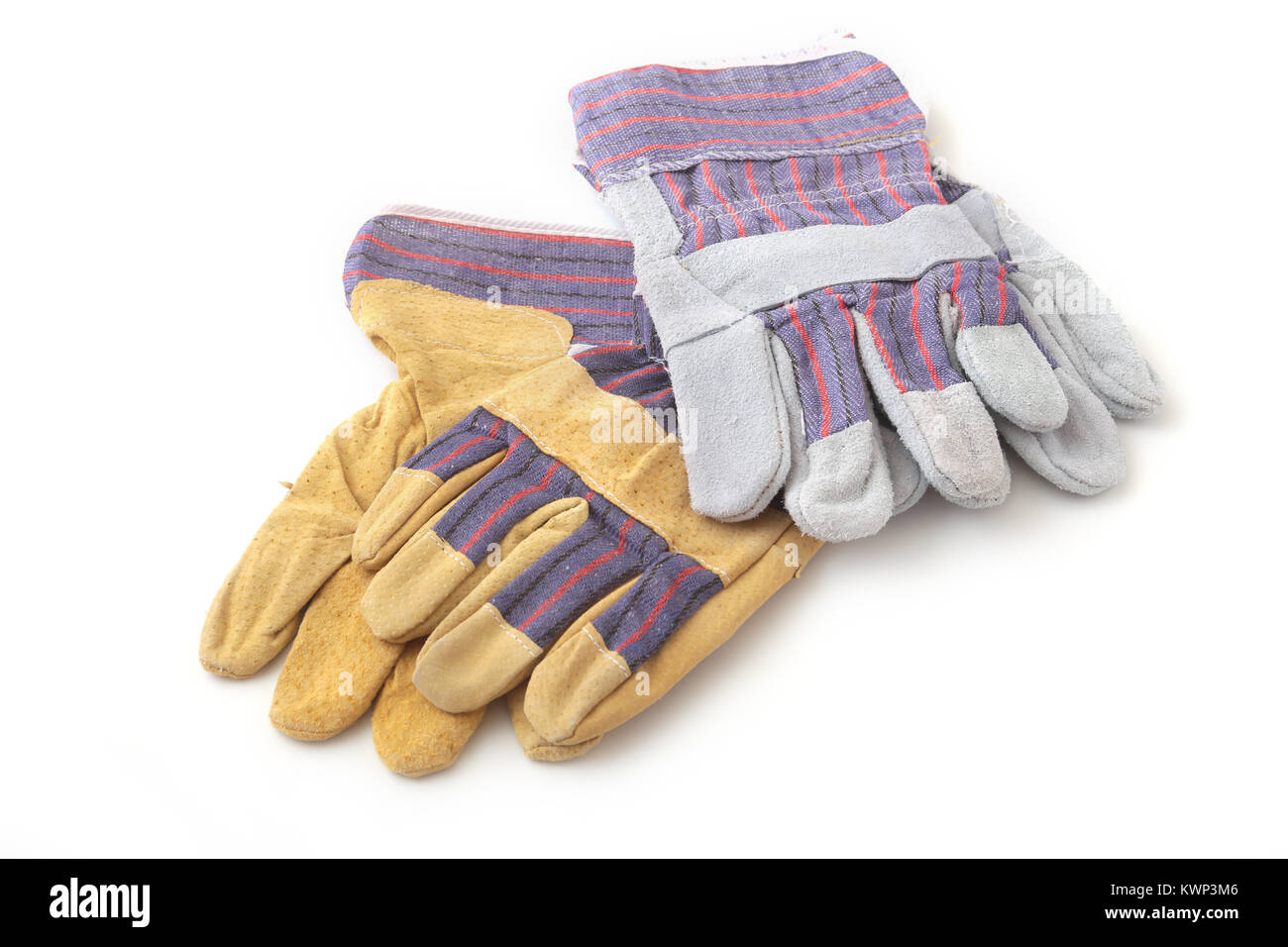 Schutzhandschuhe auf weißem Hintergrund. Schützende Arbeitnehmer Handschuhe. Stockfoto