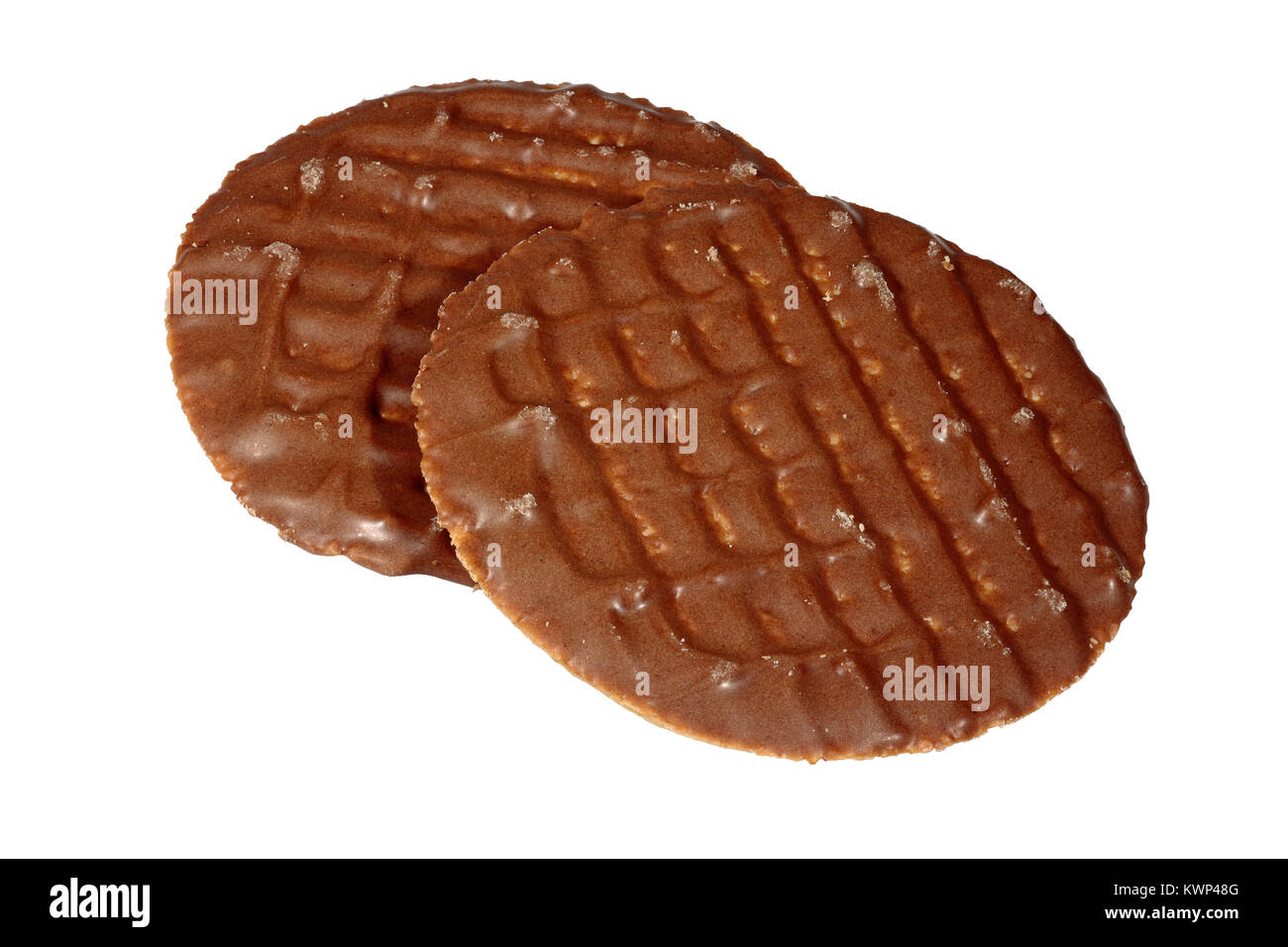 Zwei McVities Milk Chocolate Digestive Biscuits verdünnt isoliert auf weißem Hintergrund Stockfoto