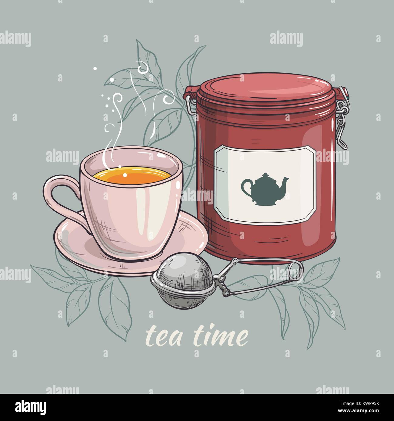 Vector Illustration mit Tasse Tee mit runden tin Verpackung und Tee - Sieb Stock Vektor